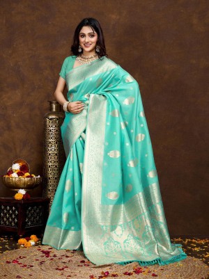 Designer banarasi zari weaving soft silk blue saree