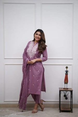 Beautiful embroidery panel cotton wine kurti pant dupatta