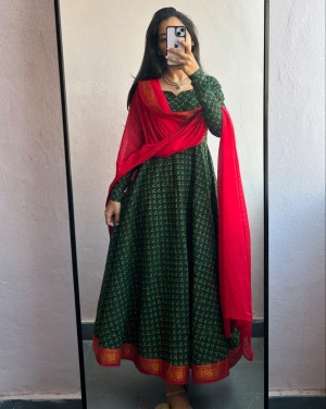 Beautiful lace border soft muslin cotton green gown dupatta