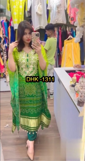 Beautiful digital print embroidery heavy butter silk green kaftan pant dupatta