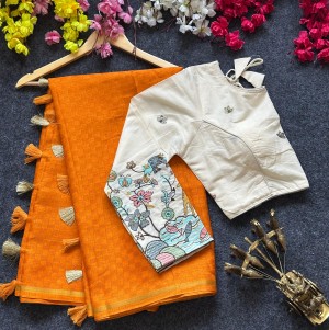 Beautiful designer embroidery heavy khadi cotton orange saree