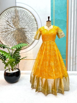 Beautiful full designer stitched foil soft organza yellow gown