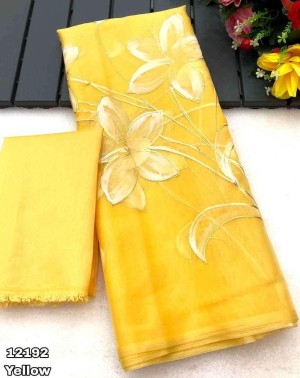 Designer painted gold foil banglori organza yellow saree