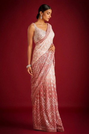 Beautiful thread embroidery sequence heavy faux georgette pink saree blouse