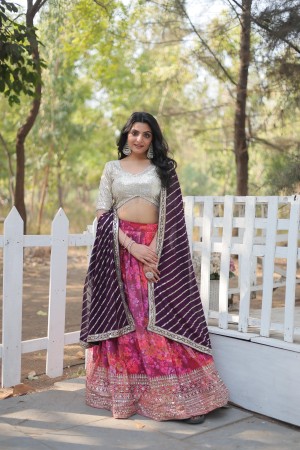 Beautiful thread embroidery sequence digital printed cotton pink lehenga choli dupatta