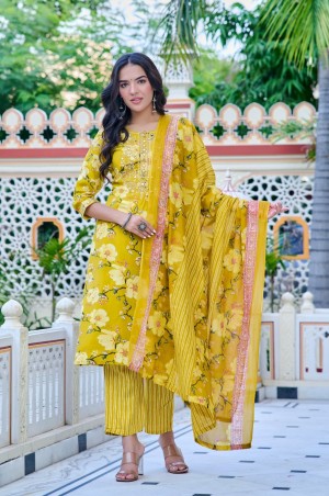 Beautiful designer mirror embroidery cotton yellow kurti pant dupatta