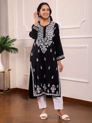 Designer beautiful embroidery heavy rayon black kurti pant