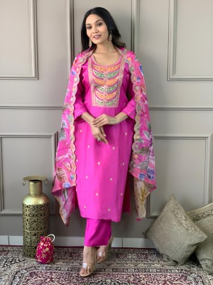 Beautiful embroidery printed viscose chanderi pink kurti pant dupatta