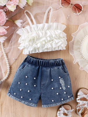 Trending Imported Cotton White Top With Blue Denim Shorts