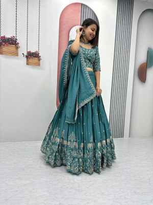 Beautiful full stitched thread embroidery cotton teal lehenga choli dupatta