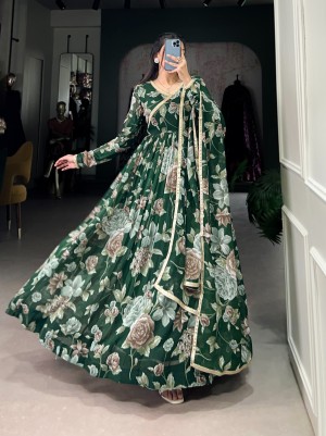 Floral printed lace beautiful marbel green gown dupatta