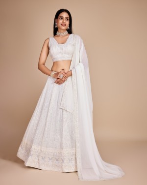 Beautiful embroidery heavy zari glitter faux georgette silk white lehenga choli dupatta