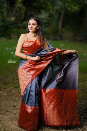 Designer golden weaving zari banarasi silk red saree