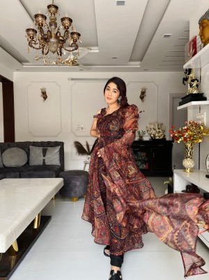 Exclusive digital printed pure organza silk wine anarkali suit