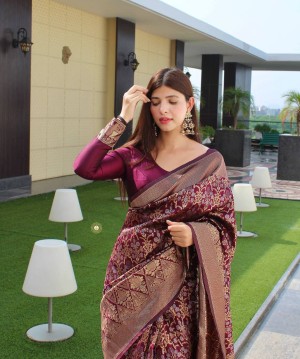 Beautiful traditional zari solid jacquard silk maroon saree