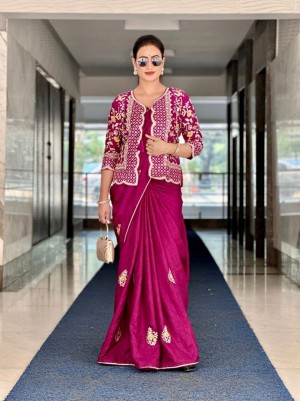 Embroidery codding beautiful dolla silk deep pink saree koti