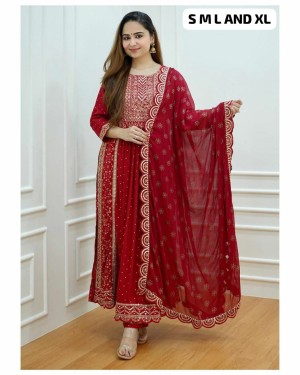 Beautiful printed heavy foil soft rayon cotton red kurti pant dupatta