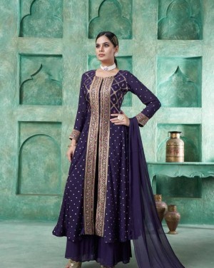 Heavy embroidery thread sequence full sleeve faux georgette teal gown pant dupatta
