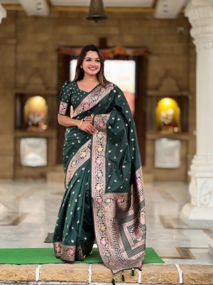 Zari weaving beautiful soft banarasi silk green saree