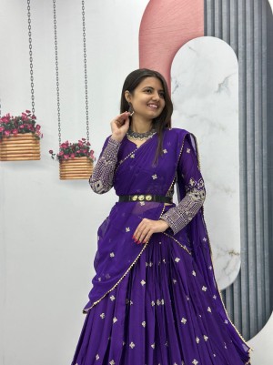 Heavy embroidery sequence micro cotton chinon georgette dark blue lehenga choli