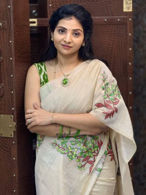 Digital printed plain linen beautiful designer green saree