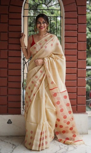 Beautiful designer weaving rich pallu linen chiku saree