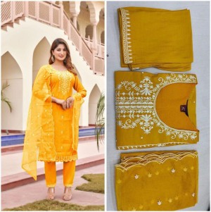 Beautiful heavy embroidery viscos roman silk yellow kurti pant dupatta