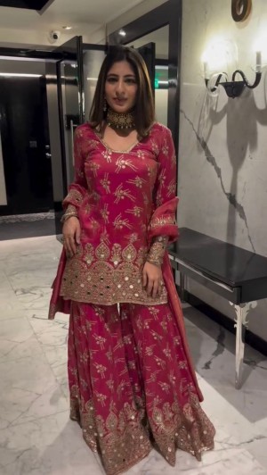 Full stitched thread sequence mirror simmer silk red sharara dupatta