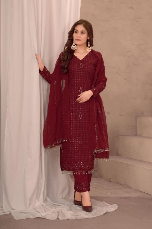 Embroidery beautiful sequence design faux georgette maroon kurti pant dupatta