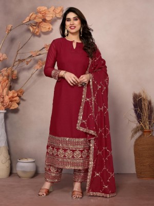 Embroidery beautiful sequence faux georgette maroon kurti pant dupatta