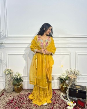 Coding embroidery sequence sleeve heavy silk yellow tip gharara dupatta