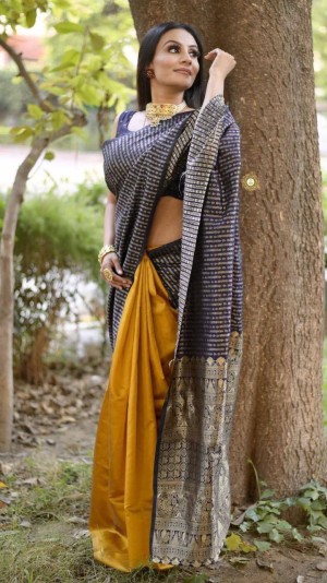 Golden zari jacquard weaving rich pallu beautiful black saree