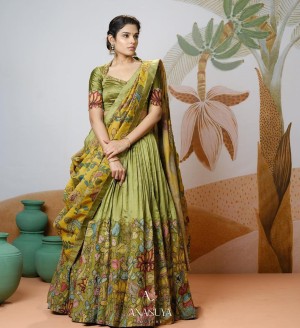 Kalamkari printed stitched micro cotton chinon pista lehenga choli dupatta