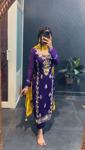 Designer full sleeve embroidery sequence chinon silk dark blue kurti pant dupatta