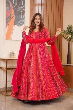 Beautiful thread linning rayon georgette rani maxi dress