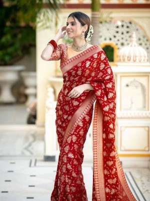 Exclusive jacquard border banarasi soft silk red saree