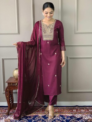 Beautiful designer embroidery heavy rayon wine kurti pant dupatta