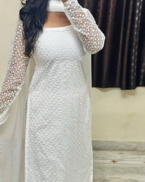 Beautiful border designer cotton white kurti pant dupatta