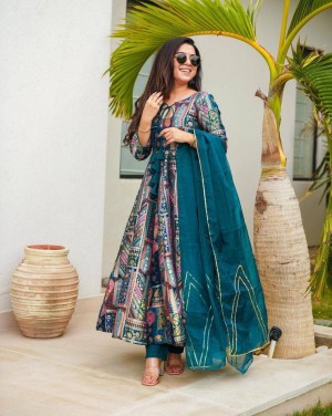 Digital printed haevy fully stitched chinnon silk teal anarkali