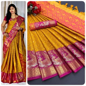 Exclusive border silver gold weaving zari soft silk yellow saree