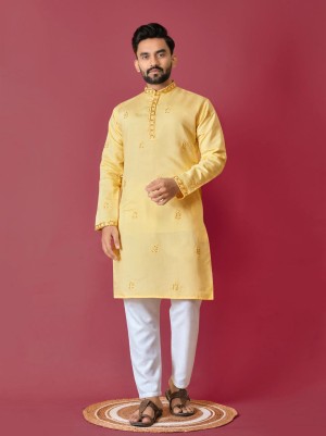 Beautiful handwork moti cotton yellow kurta pajama