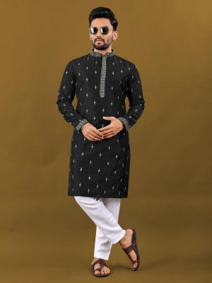 Embroidery designer matka silk cotton blue kurta pajama