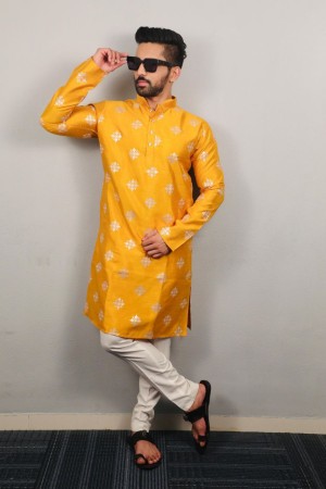 Golden flower sequence stich cotton yellow kurta pajama