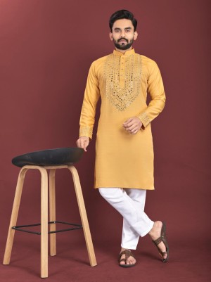 Mirror handwork designer soft silk cotton yellow kurta pajama