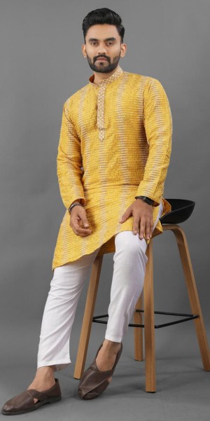 Embroidery imported beautiful designer cotton yellow kurta pajama