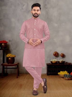 Full stitched sequence embroidery banglori silk pink kurta pajama