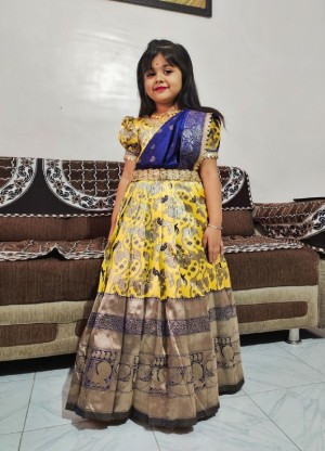 Full stitched heavy zari weaving canvas yellow gown