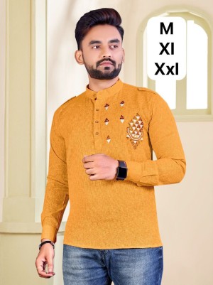 Full sleeve embroidery heavy cotton yellow short kurta