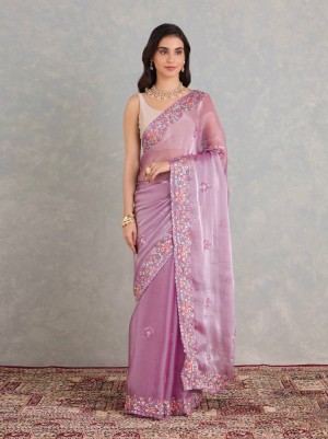 Embroidery multi thread sequence silk pink saree