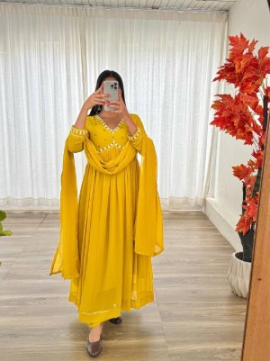 Heavy butter cotton heavy faux georgette yellow gown dupatta